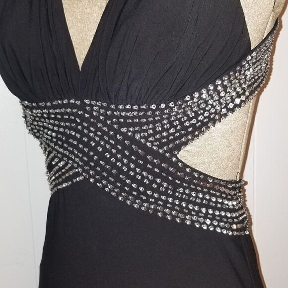Betsy and Adam jeweled halter formal gown Black with sequined and jewels - Picture 4 of 16